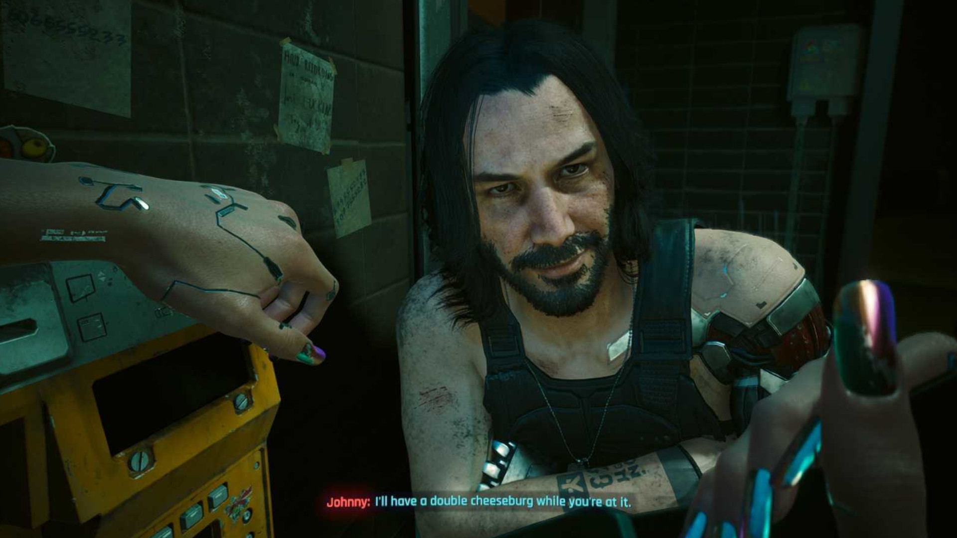 Johnny asking the V for a cheeseburger during the sci-fi RPG, Cyberpunk 2077