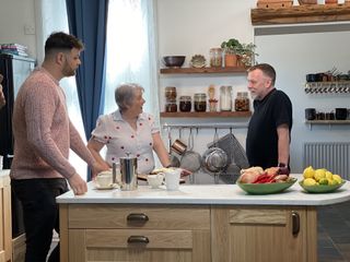 EastEnders legend Adam Woodyatt in the kitchen with Alex and Sharon.