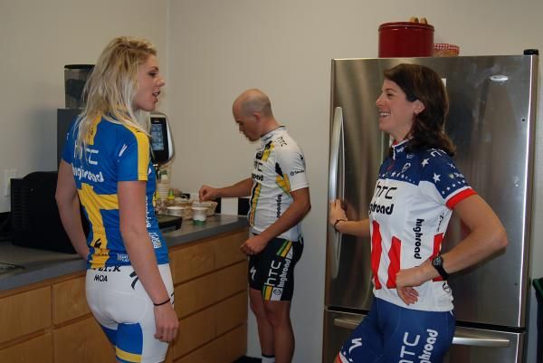 Emilia Fahlin, Caleb Fairly and Evelyn Stevens take a coffee break