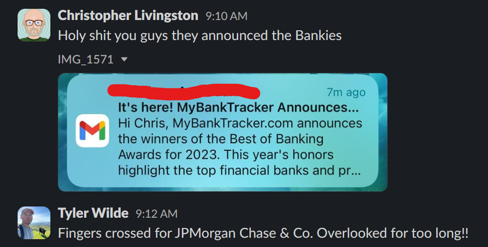 A screenshot of the PC Gamer Slack, where Chris Livingston has posted a screenshot of an email notification announcing MyBankTracker.com's Best of Baking Awards for 2023, about which Livingston has said, 