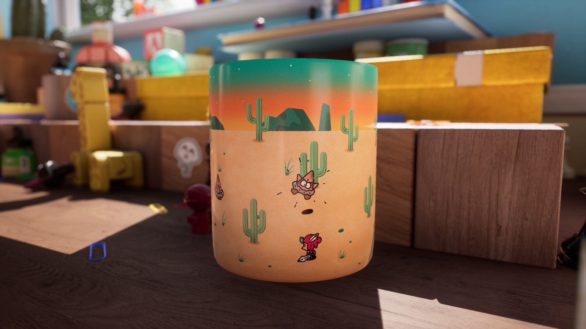 Jot side scrolling gameplay wrapping around a mug