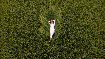 A woman practicing NSDR (no sleep deep rest) in the grass