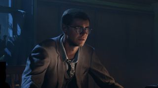 Indiana Jones and the Great Circle screenshot showing Indiana Jones in Marshall College wearing glasses at nighttime