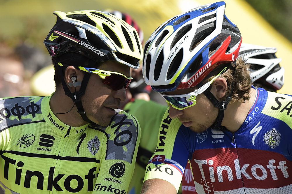 Tinkoff-Saxo teammates Alberto Contador and Peter Sagan chat before stage 11.