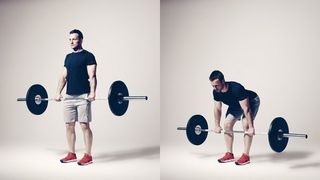 Man demonstrates two positions of the Romanian deadlift using a barbell