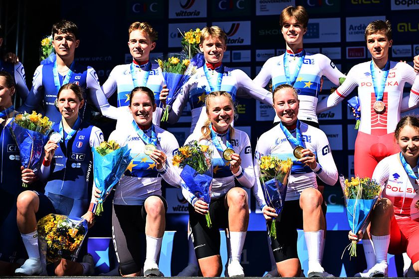 UEC Road European Championships: Norway (c) celebrate victory in the junior mixed TTT relay