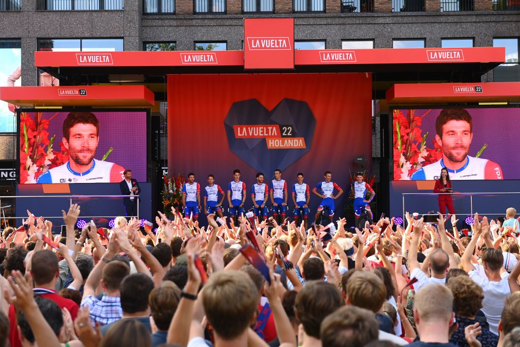 UTRECHT NETHERLANDS AUGUST 18 Thibaut Pinot of France Bruno Armirail of France Fabian Lienhard of Switzerland Rudy Molard of France Quentin Pacher of France Sbastien Reichenbach of Switzerland Miles Scotson of Australia Jake Stewart of United Kingdom and Team Groupama FDJ during the 77th Tour of Spain 2022 Team Presentation LaVuelta22 WorldTour on August 18 2022 in Utrecht Netherlands Photo by Tim de WaeleGetty Images