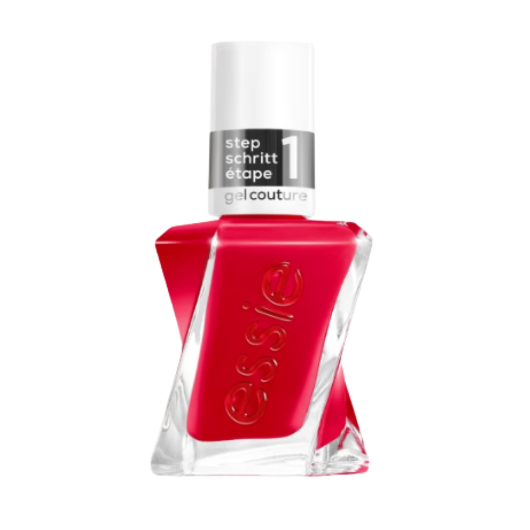 A product shot of the essie Gel Couture Gel-Like Nail Polish in shade Rock The Runway (a bright pink-red colour), on a white background
