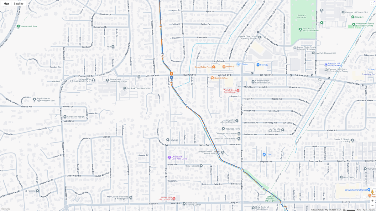A Google Maps map view showing GPS location data for a workout, with the COROS APEX 4 (orange line) and Garmin Forerunner 970 (blue line) showing how their dual-band GPS tracking compares.