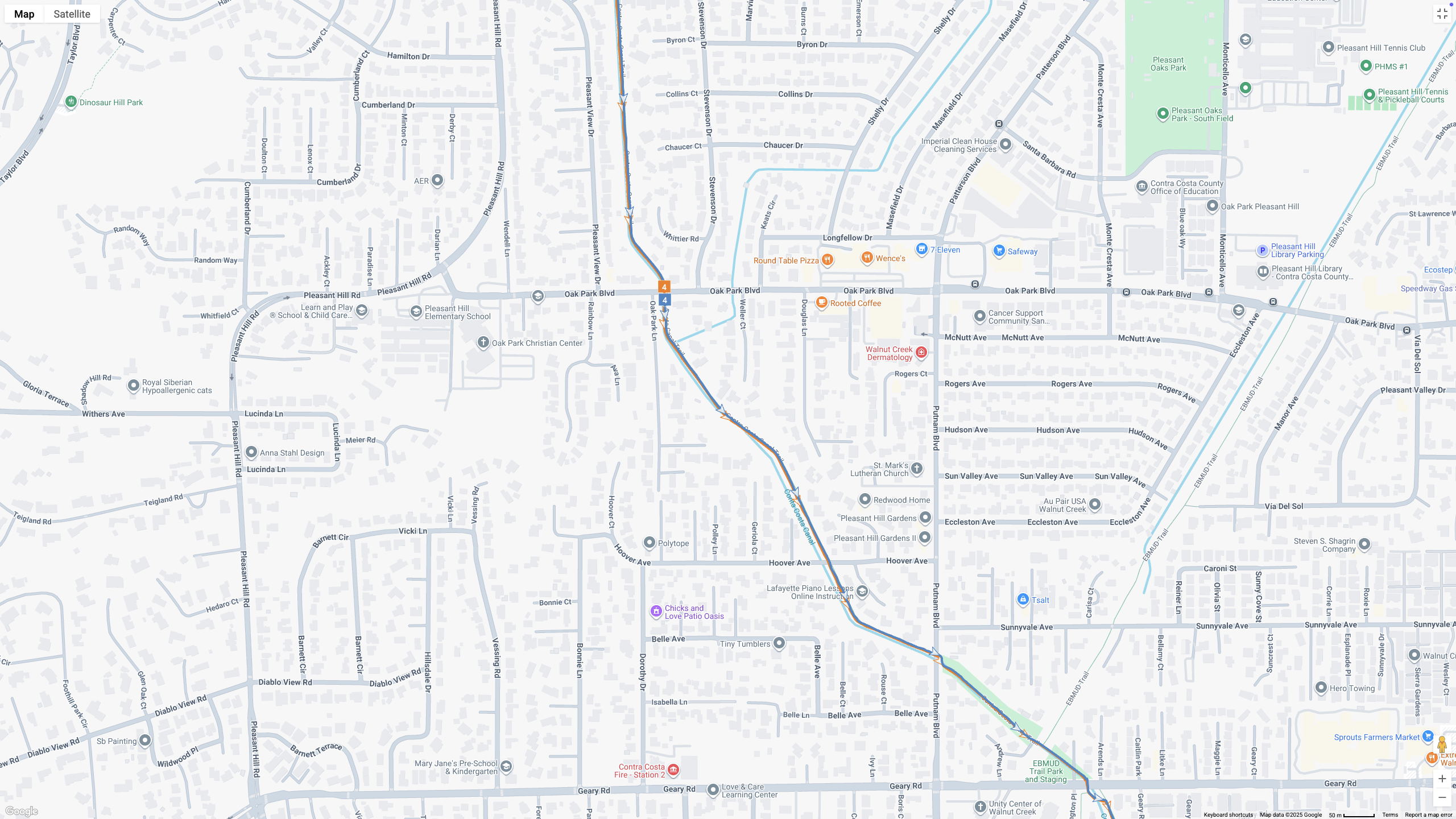 A Google Maps map view showing GPS location data for a workout, with the COROS APEX 4 (orange line) and Garmin Forerunner 970 (blue line) showing how their dual-band GPS tracking compares.