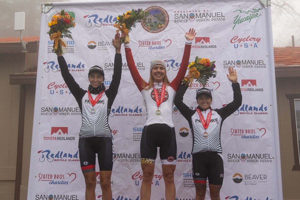 Redlands Classic 2023 - Yucapica Road Race women's st 2 podium - second Marcela Prieto, winner Nadia Gontova, third Lorena Villamizar