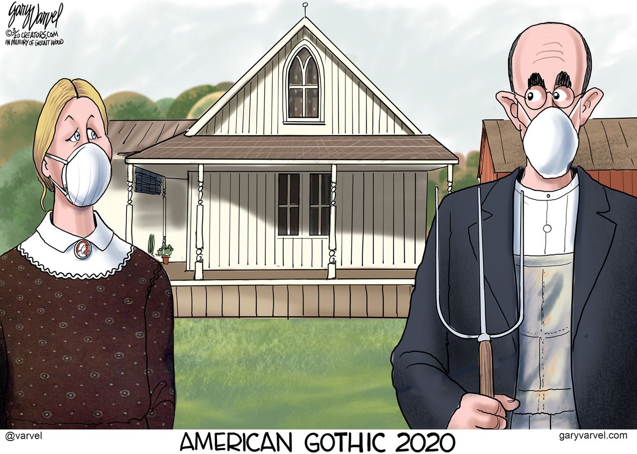 Editorial Cartoon U.S. American Gothic Grant Wood Coronavirus social distancing face masks art