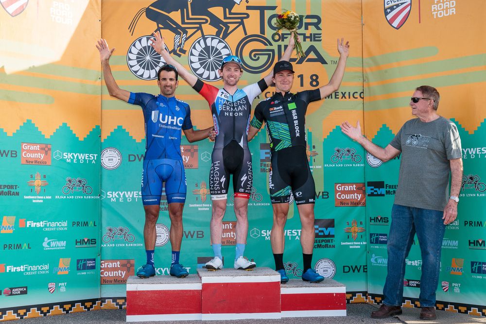 The stage 4 Tour of the Gila podium: Lucas Haedo, Micahel Rice and Marc-Antione Nadon