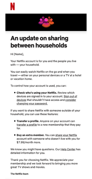 The letter Netflix will send to customers titled "An update on sharing between households."