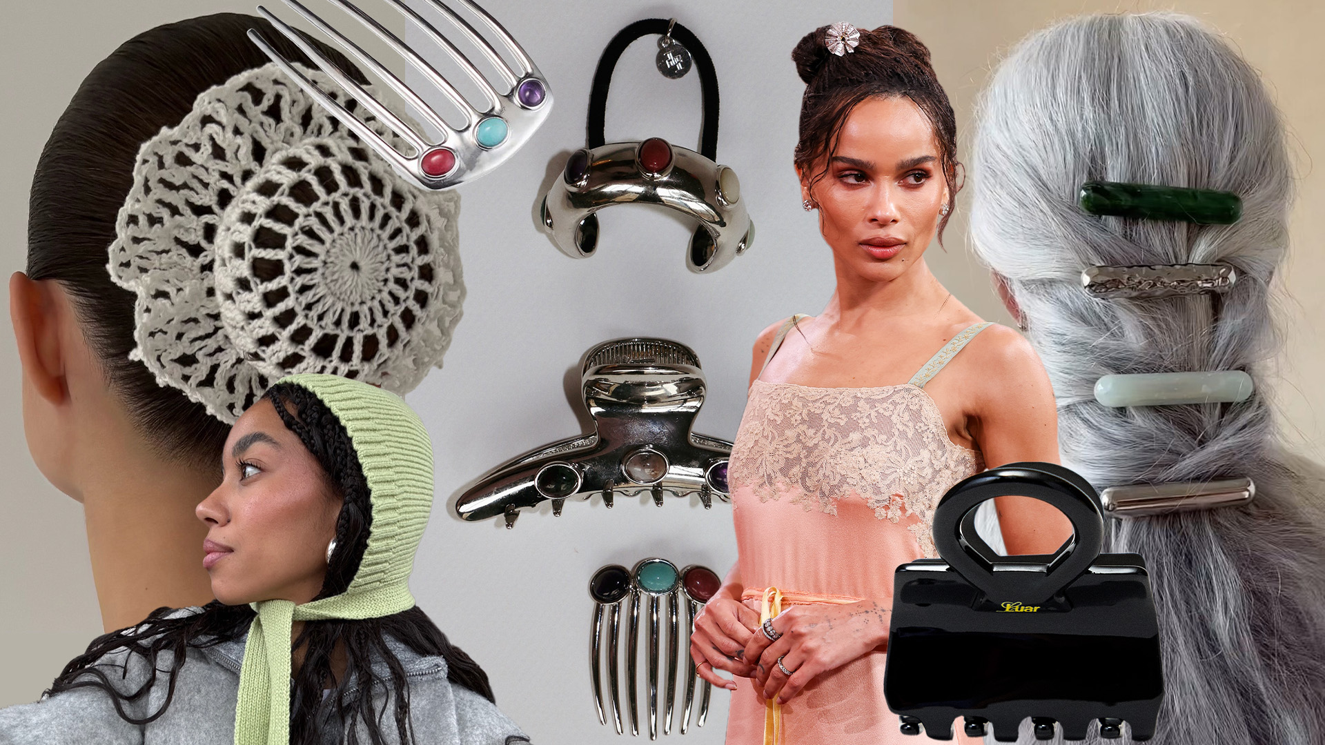 Photo collage of women wearing trendy hair accessories