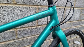 Close up of the reflective Cannondale logo on a green bike's top tube