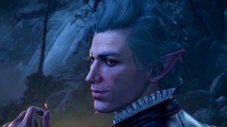 Baldur's Gate 3 screenshot showing Astarion, a pale male elf with short curly white hair and red eyes, looking over his shoulder with a smirk on his face