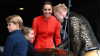Prince George of Cambridge, Princess Charlotte of Cambridge and Catherine, Duchess of Cambridge during a visit to Cardiff Castle on June 04, 2022 in Cardiff, Wales