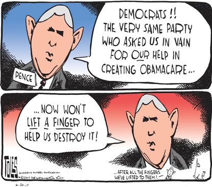Political cartoon U.S. GOP health care bill Obamacare Mike Pence