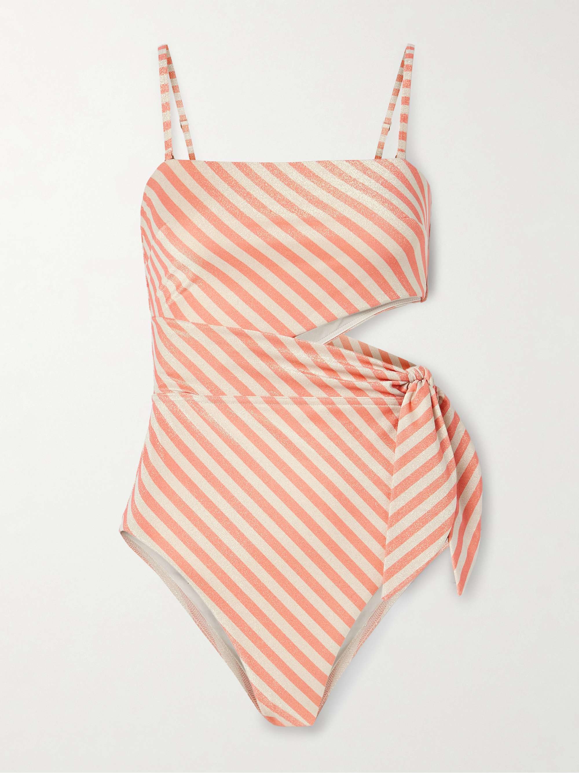 Cascadian Cutout Tie-Detailed Striped Metallic Recycled Swimsuit
