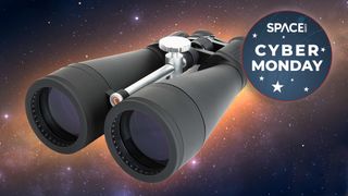 Celestron skymaster 20x80 binoculars with andromeda background and cyber monday deal logo