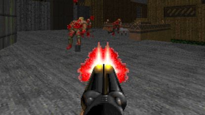 Doom 2's Super Shotgun fires at a group of enemies