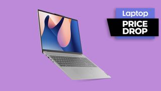 Lenovo IdeaPad Slim 5i laptop against purple background with price drop text
