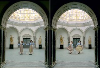 Left: Two women in an arched courtyard, arms outstretched. Right: same women curtseying