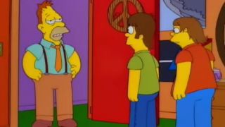 A younger Grampa Simpson talks to a teenage Homer and Barney