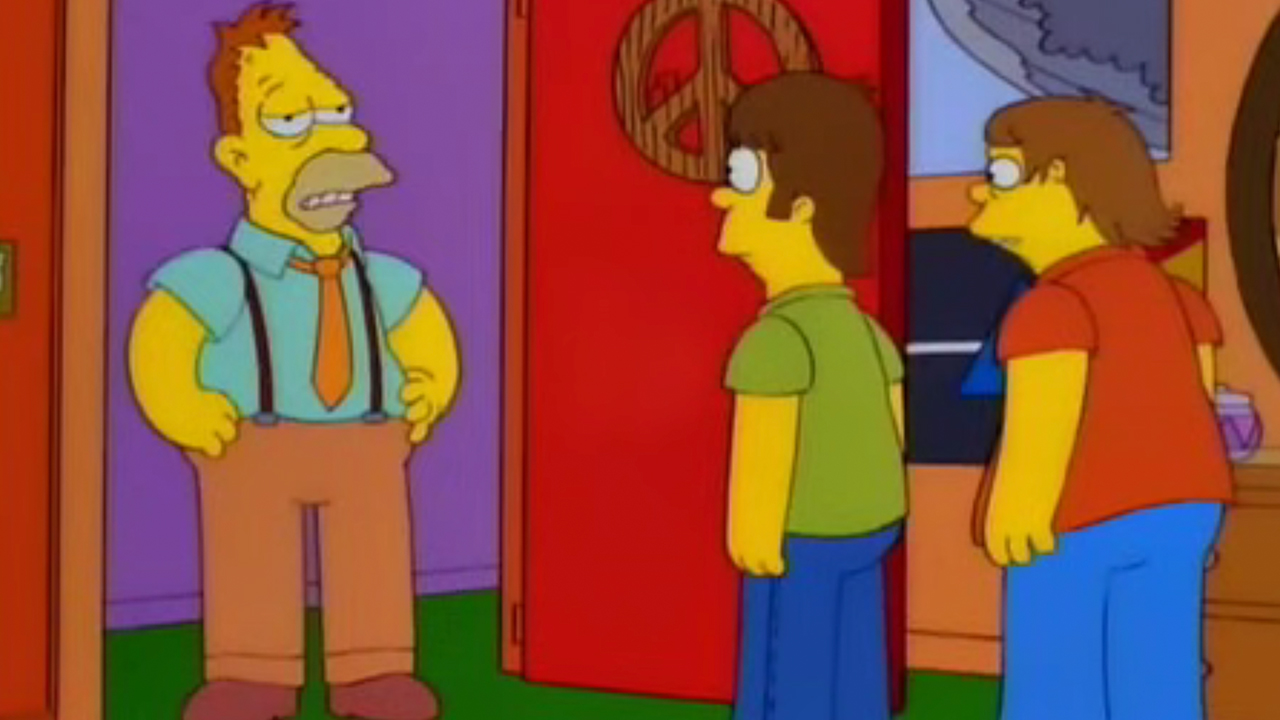 A younger Grampa Simpson talks to a teenage Homer and Barney