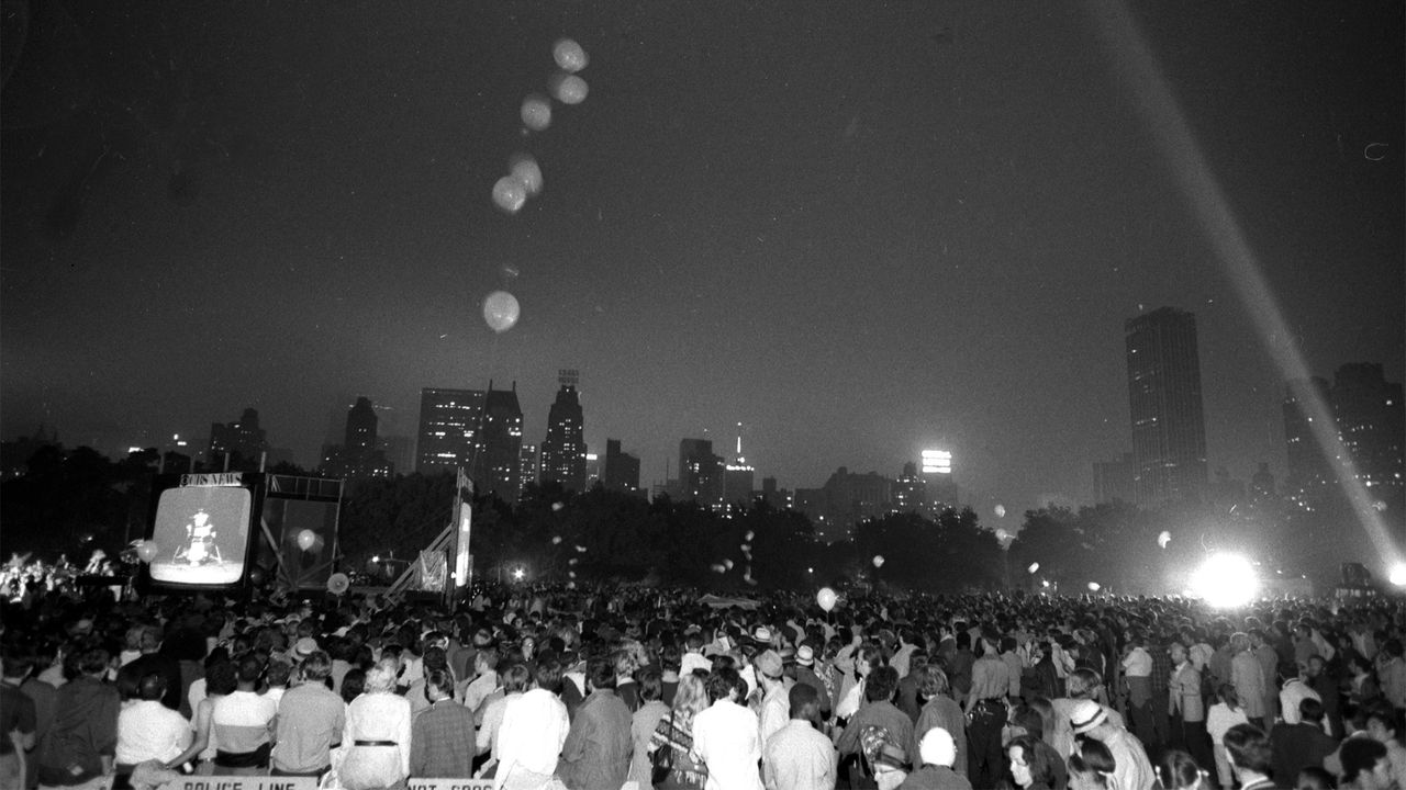 In New York City, the moon landing was broadcast on giant screens in Central Park.