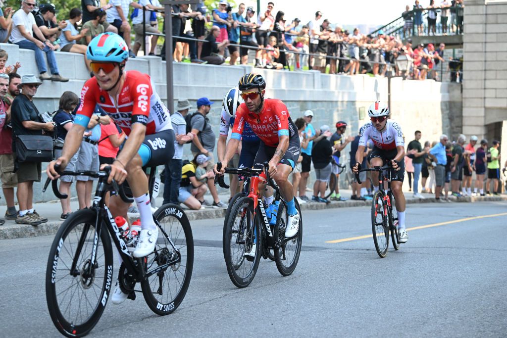 QUEBEC CITY QUEBEC SEPTEMBER 09 Damiano Caruso of Italy and Team Bahrain Victorious competes in the breakaway during the 11th Grand Prix Cycliste de Qubec 2022 a 2016km one day race from Quebec to Quebec GPCQM on September 09 2022 in Quebec City Quebec Photo by Dario BelingheriGetty Images
