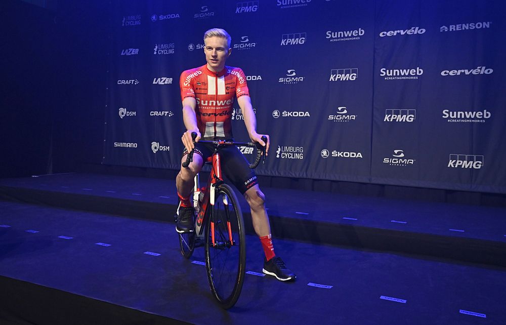 Max Kanter poses for the media during the 2019 Sunweb cycling team's official presentation