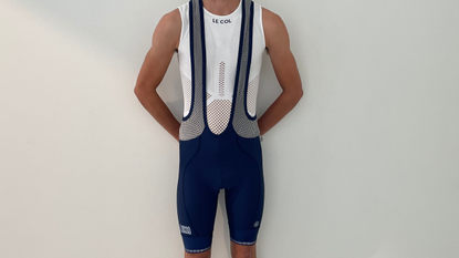 Cyclist wearing Lusso bib shorts from the front