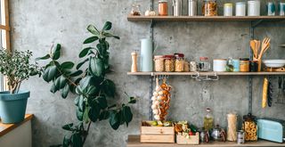 gray kitchen with floating wooden shelving with sealed food storage containers to show how to keep ants away in the kitchen