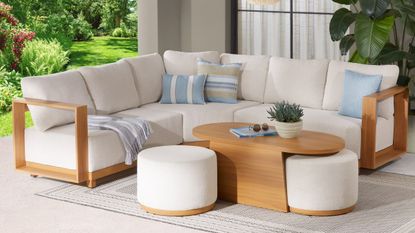 Coastal-inspired outdoor living room featuring Walmart's Juliet space-saving seating group styled with a potted plant, book, and pair of sunglasses