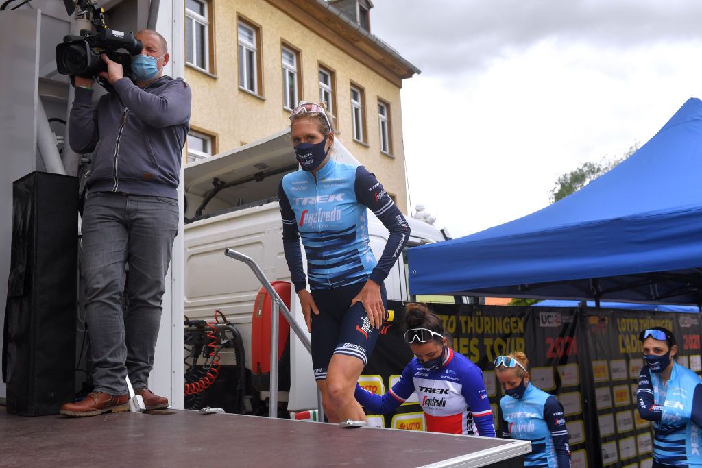 SCHMOLLN GERMANY MAY 25 Ellen Van Dijk of Netherlands and Trek Segafredo at start during the 34th Internationale LOTTO Thringen Ladies Tour 2021 Stage 1 a 899km stage from Schmolln to Schmolln ltlt2021 lottothueringenladiestour womencycling on May 25 2021 in Schmolln Germany Photo by Luc ClaessenGetty Images