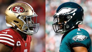 Jimmie Ward #1 of the San Francisco 49ers opposite Jalen Hurts #1 of the Philadelphia Eagles ahead of the 2023 NFL Conference playoffs between the 49er and the Eagles. 