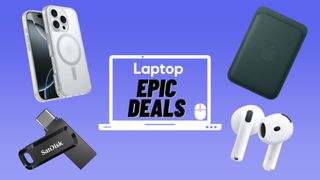 Otterbox MagSafe Case, SanDisk USB-C flash drive, AirPods 4, Apple FineWoven MagSafe Wallet Case against blue gradient background