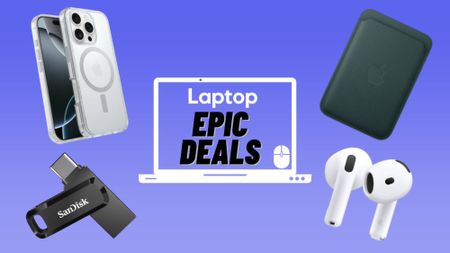 Otterbox MagSafe Case, SanDisk USB-C flash drive, AirPods 4, Apple FineWoven MagSafe Wallet Case against blue gradient background