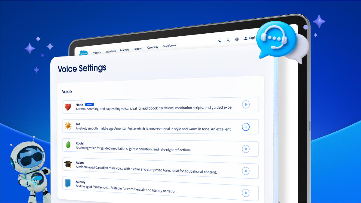Salesforce Agentforce Voice platform settings options for users.