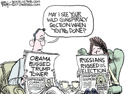Political Cartoon U.S. Russia rigged election Trump Obama wiretap news conspiracy theory