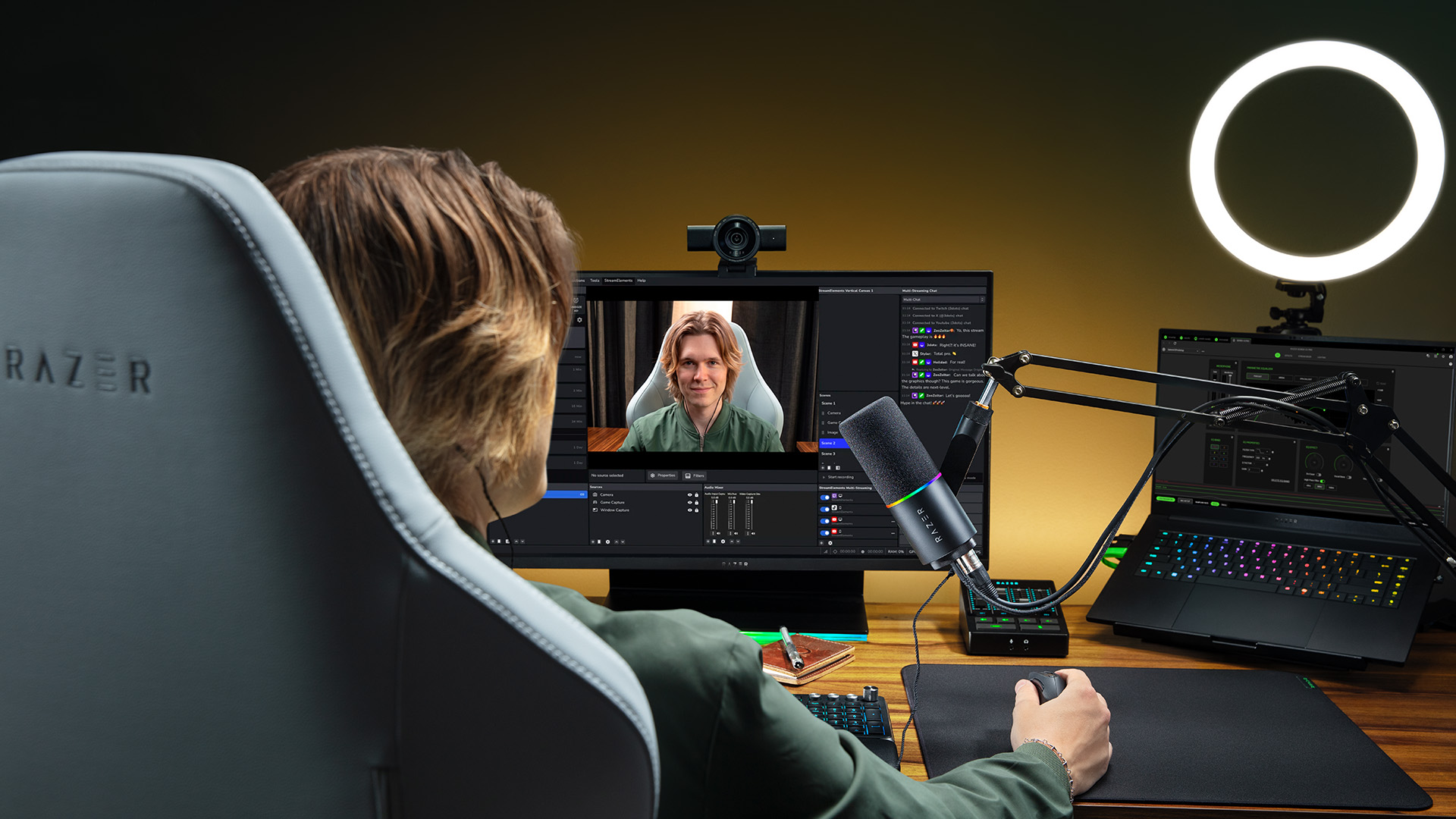 A Razer marketing image showing the Kiyo V2 Pro being used by a streamer