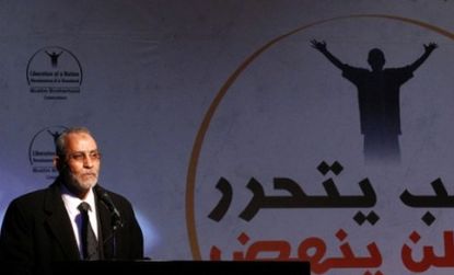 Egypt's Muslim Brotherhood leader Mohammed Badie speaks during a post-revolution celebration.