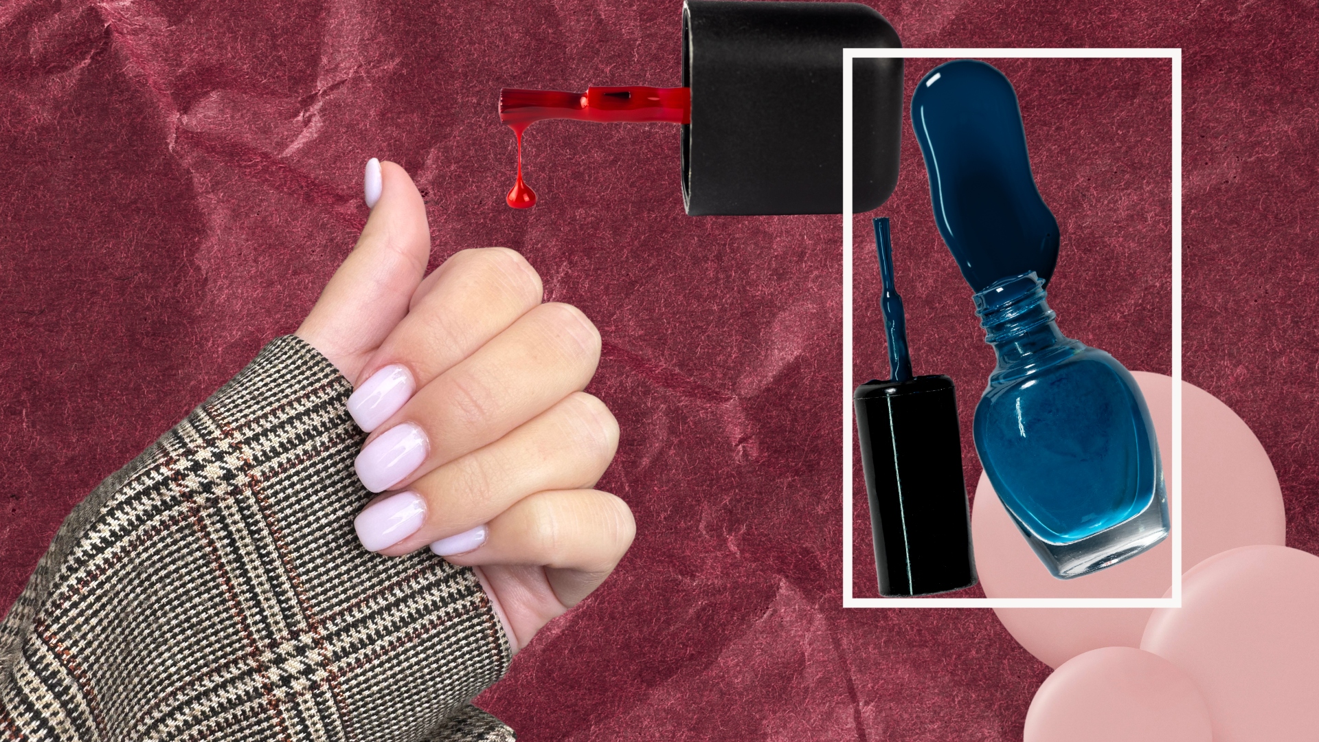 samantha holender square manicure on a red background with blue and red nail polish