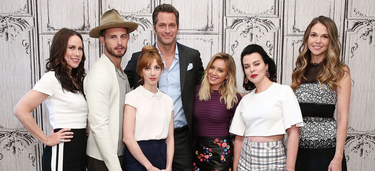 The cast of Younger - Actors Miriam Shor, Nico Tortorella, Molly Bernard, Peter Hermann, Hilary Duff, Debi Mazar and Sutton Foster