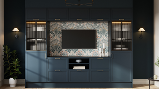 Blue media wall with wallpaper behind the tv
