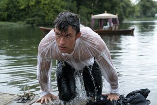 Anthony Bridgerton emerges from the water in a season 2 scene