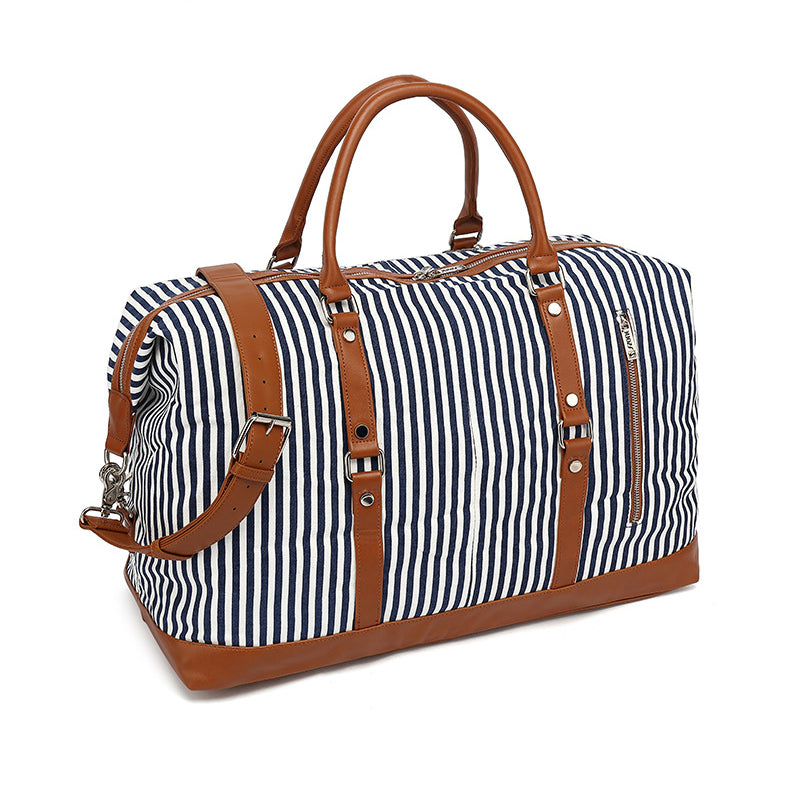 Canvas Tote Travel Bags Canvas Leather Shoulder Bag Unisex Canvas Overnight Bag Weekender Bags Gift Idea Blue Stripe