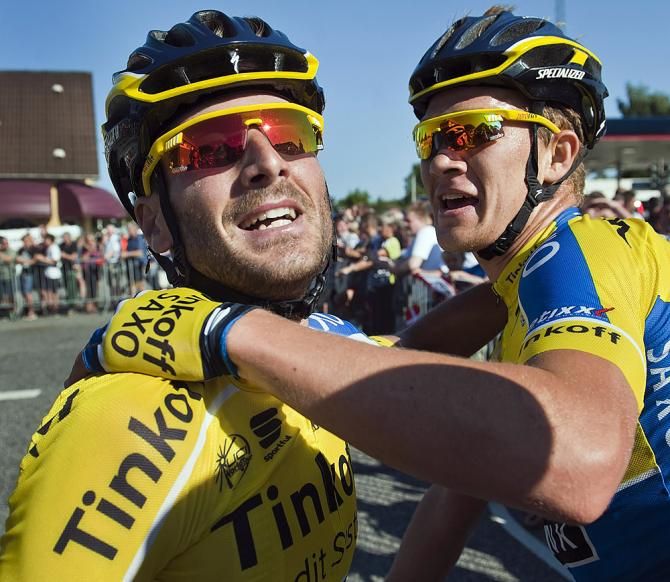 Manuele Boaro (Tinkoff-Saxo) gets congratulations from teammate Matti Breschel